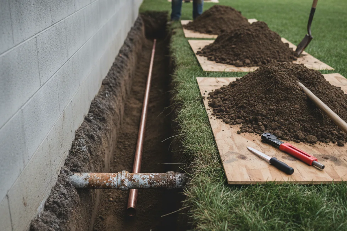 Excavated water line trench during Water Softener Installation in College Corner